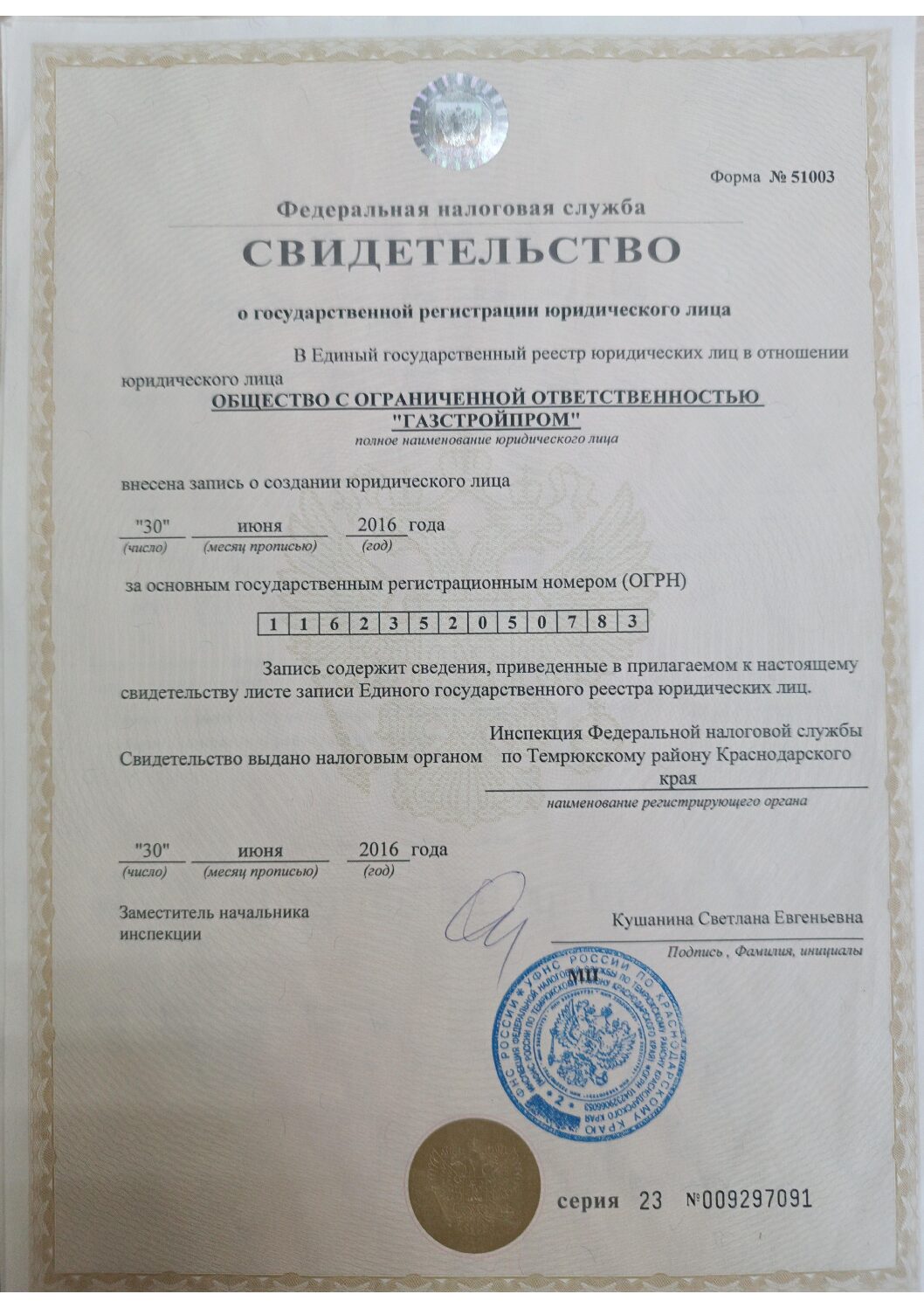 Первая страница документа «Свидетельство о государственной регистрации юридического лица»